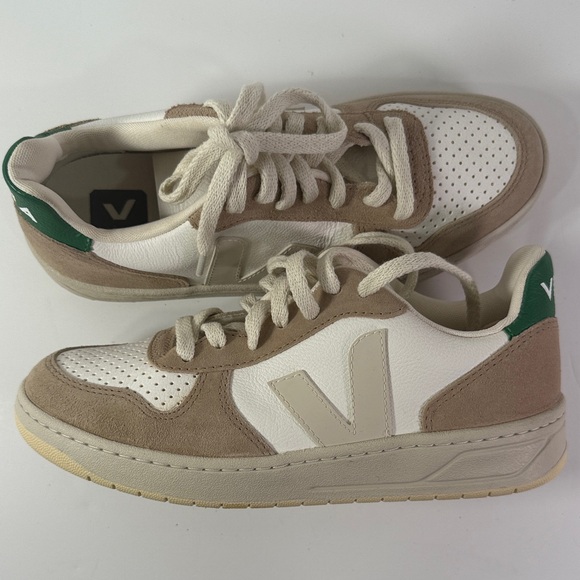 Veja Cream and Brown Sneakers with Green Accents - Picture 1 of 3